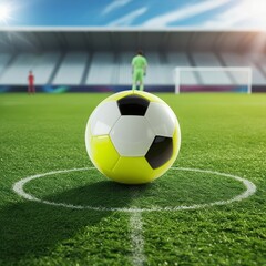 Obraz premium Soccer ball on green field, soccer, ball, football, grass, sport, field, game, green, play, soccerball, competition, goal, black, white, team, leather, soccer ball, equipment, sports, activity, lawn, 