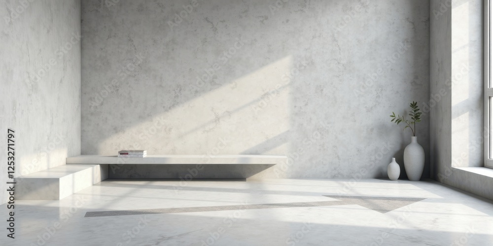 Poster sunlit minimalist interior with modern floating shelf and simple decor