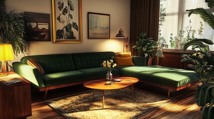 A beautifully styled living room featuring a vintage green sofa, mid-century modern furniture, and botanical-themed artwork, bathed in warm sunlight for a cozy and elegant ambiance