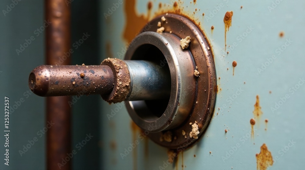 Aufkleber close-up of a rusty metal component with corroded surface and deposited material