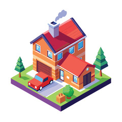 Modern House with Vibrant Colors, Large Windows, Parked Car, and Lush Landscape