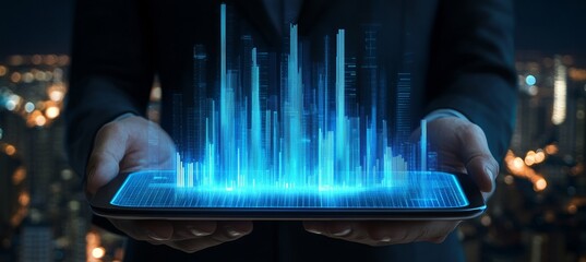 Businessman Holding Tablet with Glowing Blue Graph, Futuristic City Skyline Background