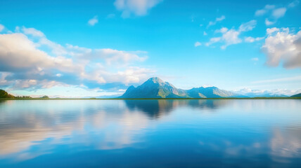 serene mountain reflection in still pond under clear blue sky. tranquil scene captures beauty of nature