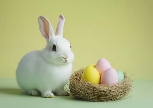 Stock photography of a cute rabbitt sitting next to a colorful easter egg nest, studio photography, pastel yellow and green background