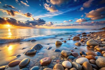 Serene Sunset Over Coastal Rocks and Gently Rolling Waves, a Tranquil Ocean Scene at Twilight