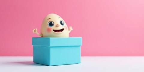 Joyful Egg Character Emerging from a Pastel Gift Box on a Pink Background