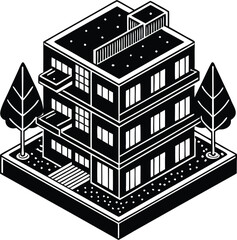 An isometric urban apartment silhouette  building with multiple floors, balconies, and a rooftop garden