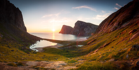 sunset at kwalwika bay on lofoten islands in norway