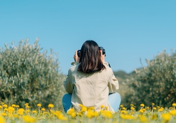 Fototapeta premium Photographer Capturing Nature in a Field of Yellow Dandelions