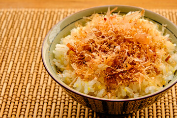 Japanese Bonito Flakes Rice on Bamboo Placemat
