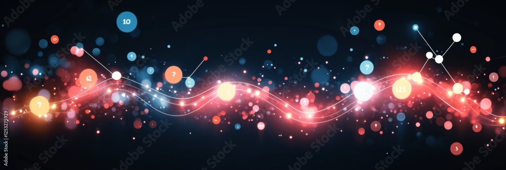 Poster abstract data visualization with glowing lines, triangles, and bokeh circles on dark background