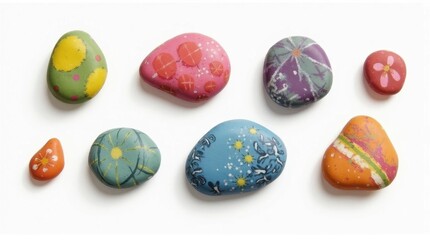Colorful Hand-Painted Pebbles on White Background