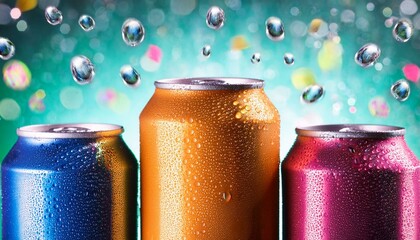 colorful soda cans with water droplets and floating confetti vibrant and refreshing party scene with fizzy drink cans