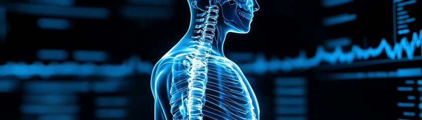 A digital representation of a human body, highlighting skeletal structure and vital signs in a blue, high-tech design.