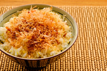 Japanese Bonito Flakes Rice on Bamboo Placemat