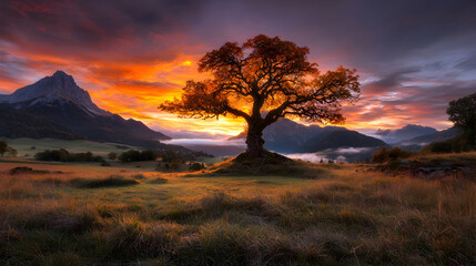 Sunrise over mountain valley, lone tree, autumn