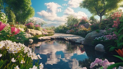 Fototapeta premium A beautifully landscaped garden with a variety of flowers, pathways, and a small pond reflecting the sky