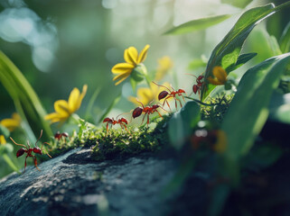 Ants marching forest rock sunlight flowers nature