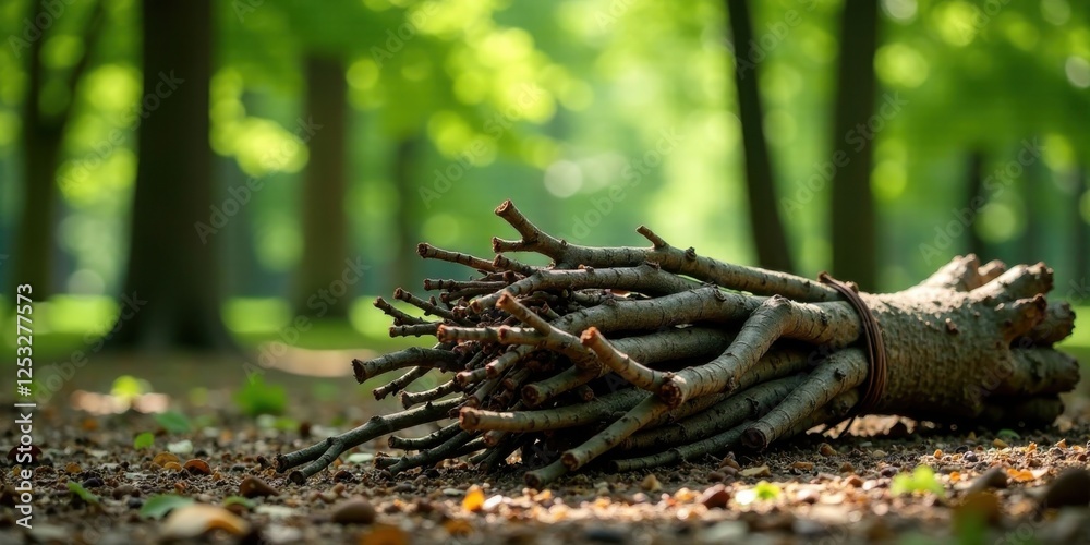 Poster bundle of branches resting on forest floor in dappled sunlight, a tranquil scene of nature's simplic
