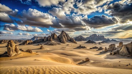 Arid Expanse Dramatic Sand Dunes and Rugged Rock Formations Under a Sky of Majestic Clouds