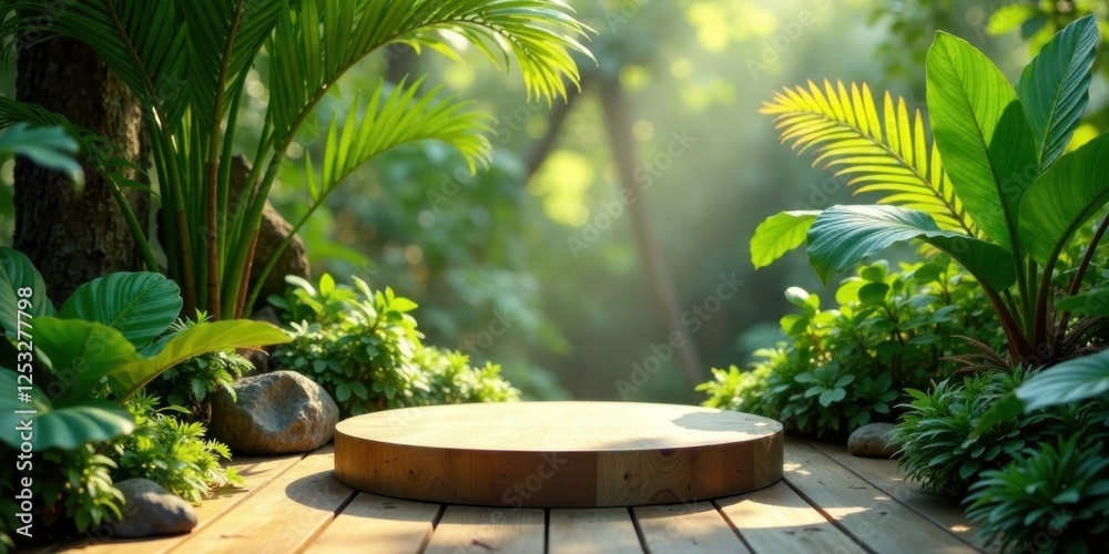 Poster Lush Greenery Backdrop with Wooden Display Platform for Product Presentation in a Tranquil Garden Setting