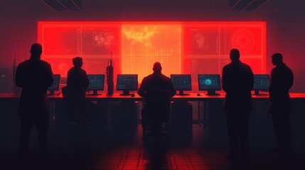 Dark Room with Silhouetted Figures Analyzing Futuristic Data Displays