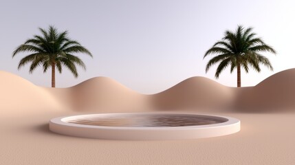 A tranquil desert scene featuring sand dunes, a circular water feature, and two palm trees under a soft sky.