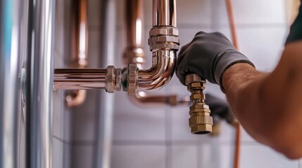 A focused shot of a plumber installing plumbing fixtures in a commercial office tower, Office tower plumbing installation scene, Plumbing craftsmanship style
