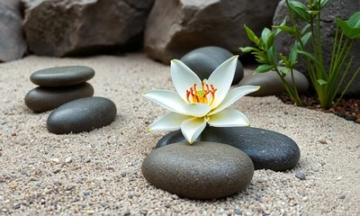 Spa still life with stacked black stones and frangipani flower for relaxation and wellness