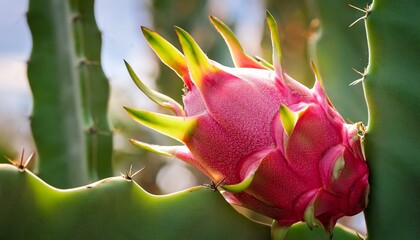 close up of dragon fruit on cactus plant