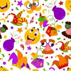 Obraz premium April Fool's Day symbols vector seamless pattern. Bright background with mask, emoji, jester's hat, jack in de box. Backdrop for Joke Day isolated on white for wrapping, textile, print, web