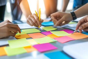 Collaborative team brainstorming with colorful sticky notes