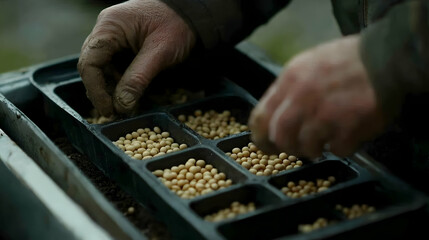 Farmer planting soybean seeds outdoors