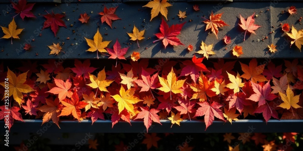 Poster Autumnal Maple Leaves Adorn a Building's Gutter System, Creating a Vibrant Display of Seasonal Color Variation