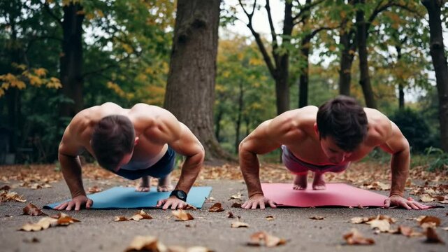 Gay Couple Doing Fitness and Yoga Exercises in Autumn Park