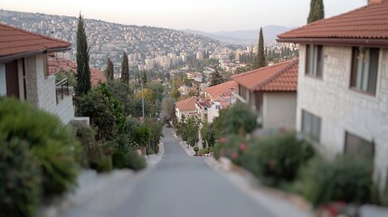 Obraz premium Steep asphalt road winds down through a quiet residential neighborhood with red-roofed houses under a soft daylight sky.