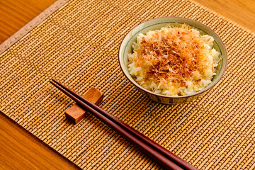 Japanese Bonito Flakes Rice on Bamboo Placemat