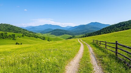 Mountain road, green meadow, sunny day, scenic view, travel poster