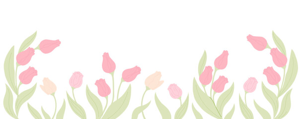 Floral frame with Pink flower tulips and leaves. Horizontal Template with copy space for text. Springtime, wedding invitation concept. Vector illustration. Design for card, banner, poster