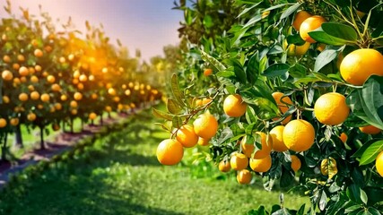 Oranges branch with green leaves on tree. Oranges growing on the orchard. Big fresh ripe orange fruits hanging on green natural blurred background of plantation. Picking. Citrus farm harvest. Sunlight