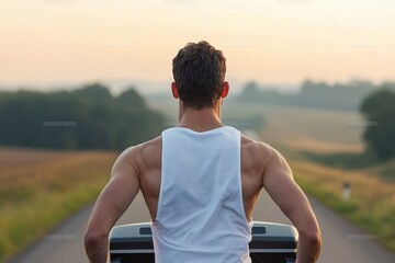 Fototapeta premium Man Standing on Road with Scenic Horizon and Calm Landscape Background