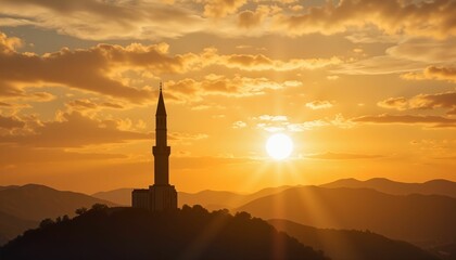 Silhouette of minaret at sunset over mountains