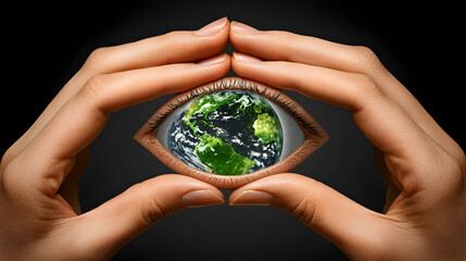 Hands holding Earth eye, global vision, dark background, environmental awareness