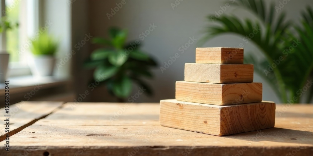 Aufkleber wooden blocks forming a pyramid shape on a wooden table with blurred plants in the background