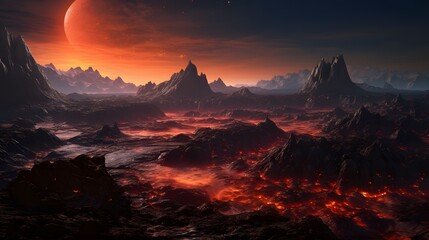 Alien planet with strange rock formations, glowing rivers of lava, and an eerie sky filled with unfamiliar celestial bodies, otherworldly and awe-inspiring