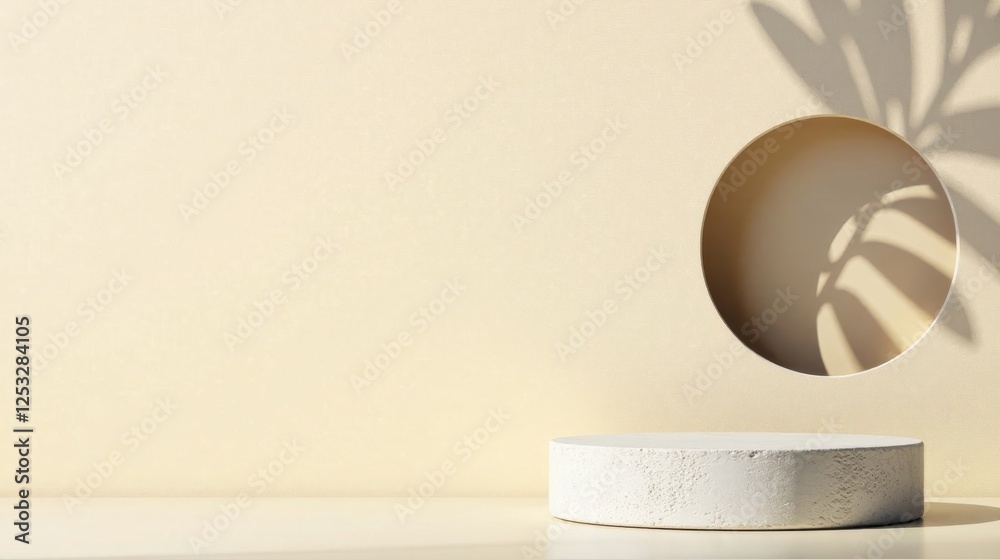 Poster cream-colored backdrop featuring a minimalist cylindrical platform and a circular cutout showcasing 