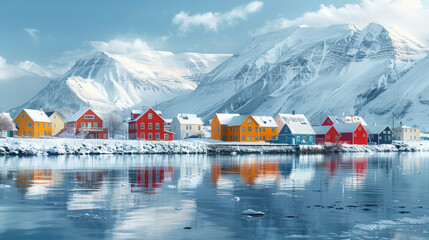 Cinematic, flat design, not too complex, Reykjavik Iceland, day time, cold weather.