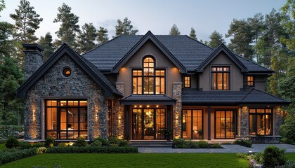 Luxurious house exterior at dusk, forest backdrop, ideal for real estate listings