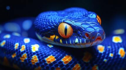 Fototapeta premium This blue snake's vibrant patterns captivate onlookers as it rests