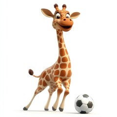 Obraz premium Cheerful Cartoon Giraffe Playing Soccer with a Ball Outdoors